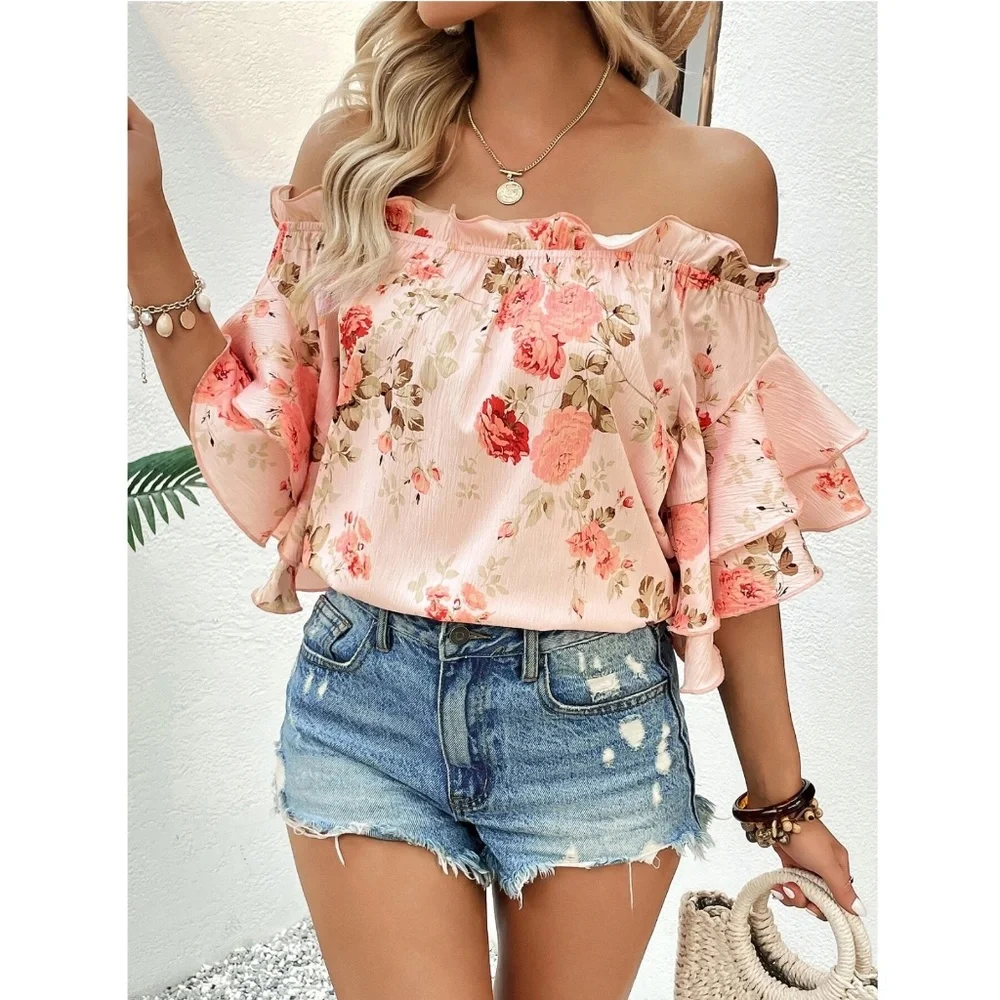 Floral Print Pink Off Shoulder Ruffle Detail Top Blouse Shirt - Picture 3 of 8